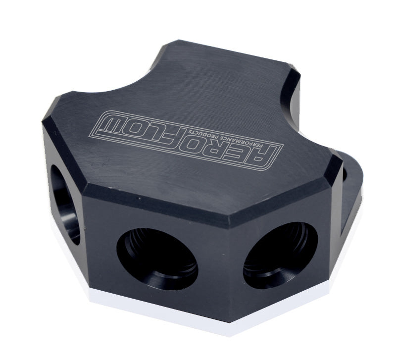 Y BLOCK 4 PORT DISTRIBUTION BLACK 3X -8ORB 1X -10ORB INLET