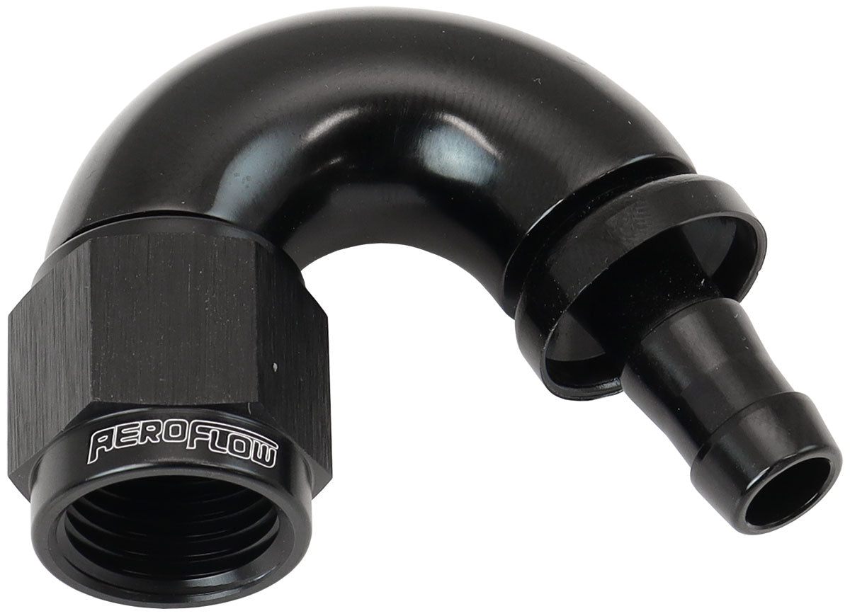 -6AN TO 5/16" BARB 150 DEGREE FULL FLOW PUSH LOCK BLACK