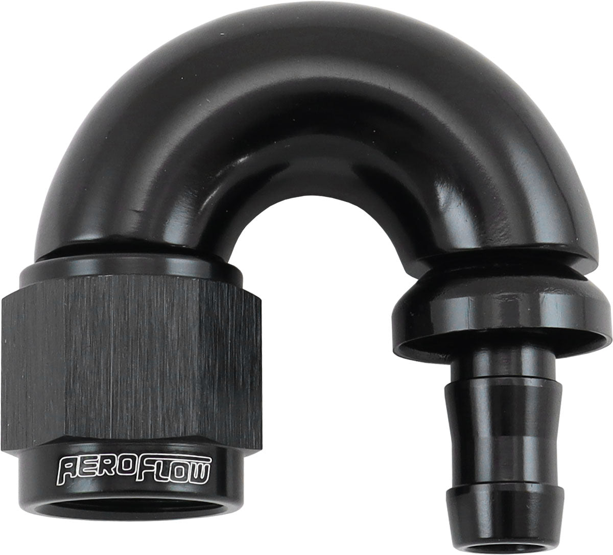 -6AN TO 5/16" BARB 180 DEGREE FULL FLOW PUSH LOCK BLACK