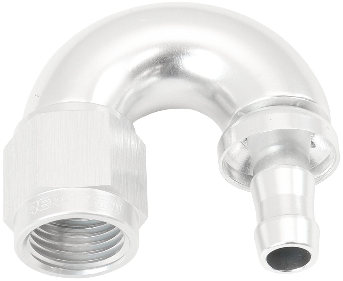 -6AN TO 5/16" BARB 180 DEGREE FULL FLOW PUSH LOCK SILVER