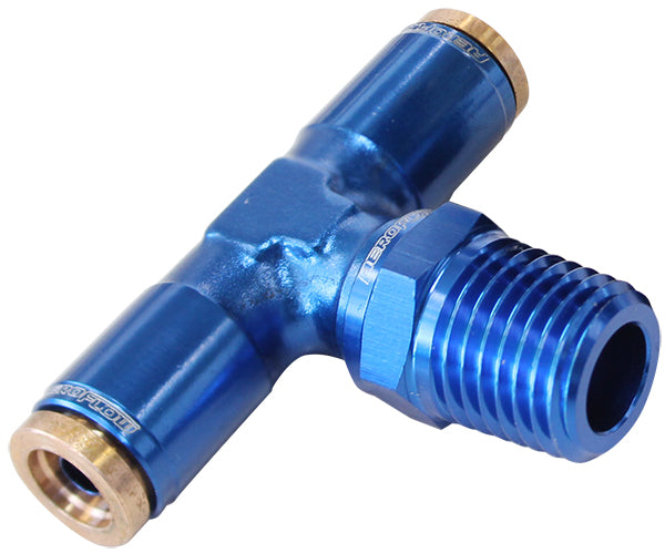 1/8" NPT TEE TO 2 X 3/16" 120 SERIES NYLON BLUE FITTING