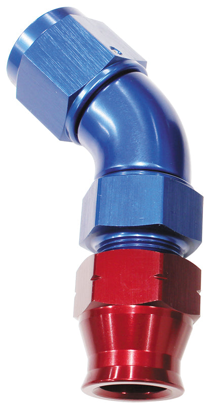 5/16" TUBE 45 DEG FEMALE -6AN BLUE SWIVEL NUT WITH OLIVE
