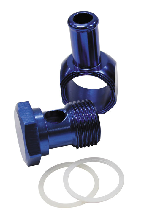 EDELBROCK CARB INLET BANJO    BLUE 5/8-20 TO MALE 3/8 BARB