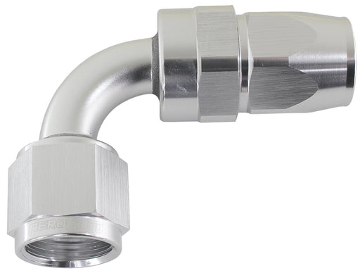 ALLOY 90 DEG HOSE END -8AN    SILVER FULL SWIVEL SUIT TEFLON