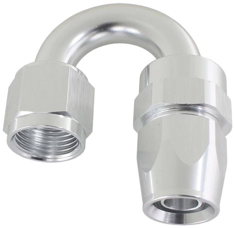 ALLOY 180 DEG HOSE END -8AN   SILVER FULL SWIVEL SUIT TEFLON