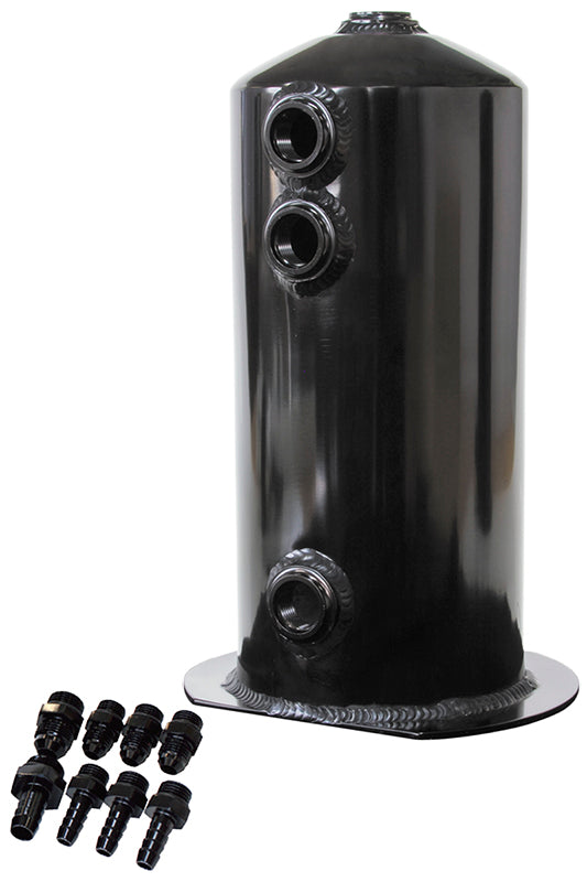 SURGE TANK 2.5L ANODISED BLACK3X3/8 1X1/2 OR 3X -6AN 1X -8AN