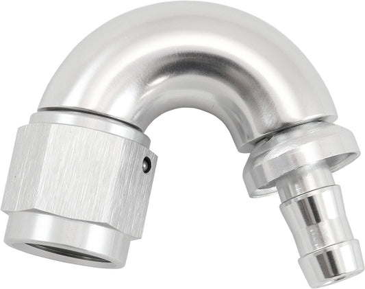 -6AN TO 5/16" BARB 150 DEGREE FULL FLOW PUSH LOCK SILVER