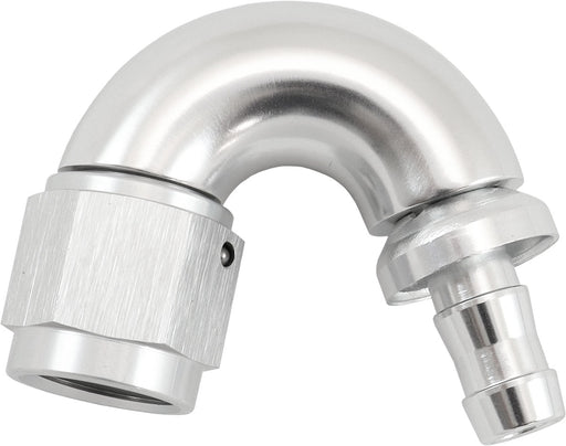 -6AN TO 5/16" BARB 150 DEGREE FULL FLOW PUSH LOCK SILVER