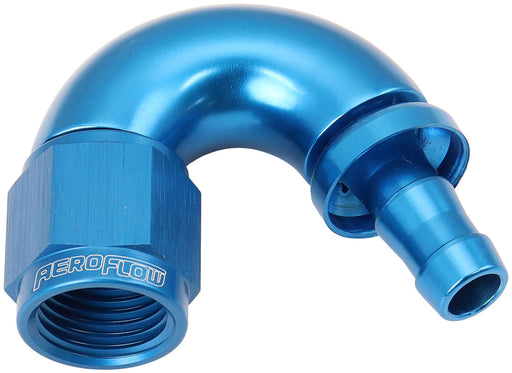 -6AN TO 5/16" BARB 150 DEGREE FULL FLOW PUSH LOCK BLUE