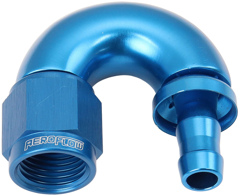 -6AN TO 5/16" BARB 180 DEGREE FULL FLOW PUSH LOCK BLUE