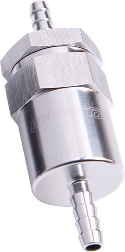BILLET FUEL FILTER 3/8" BARB  SILVER 30 MICRON BRONZE FILTER