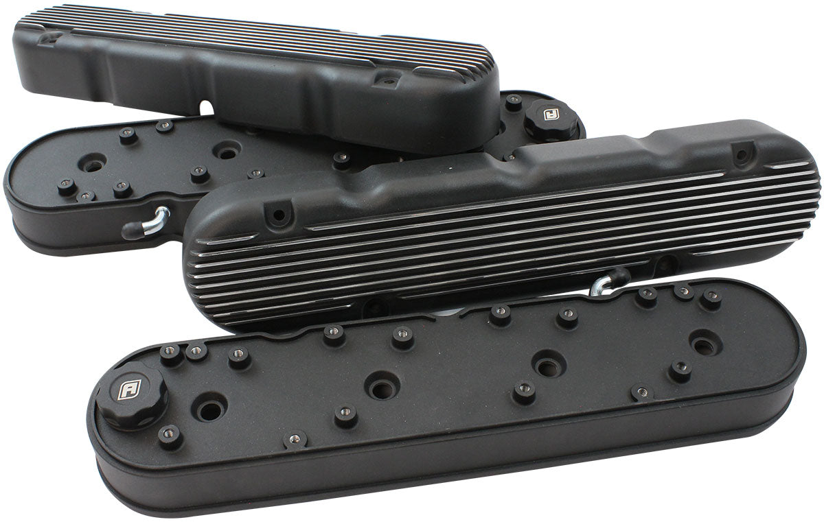 GM LS 2 PIECE VALVE COVERS    CAST TALL RETRO FINNED BLACK