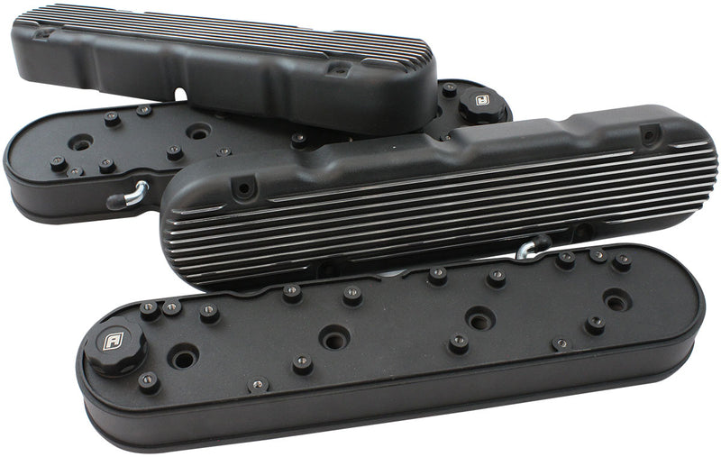 GM LS 2 PIECE VALVE COVERS    CAST TALL RETRO FINNED BLACK