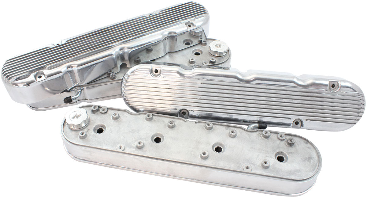 GM LS 2 PIECE VALVE COVERS    CAST TALL RETRO FINNED POLISHE
