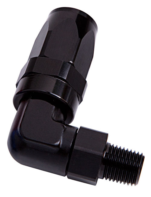 MALE 1/2" NPT 90 DEG TO -10AN BLACK FULL SWIVEL 90 DEG
