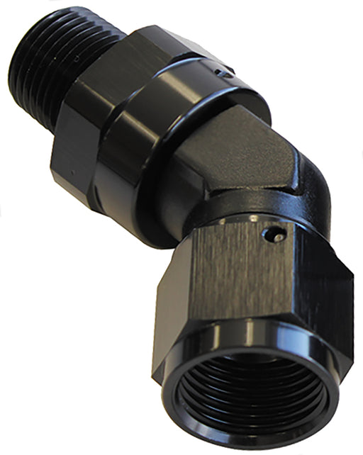 45 DEG 1/4" NPT TO -8AN FEMALEBLACK FULL SWIVEL FITTING