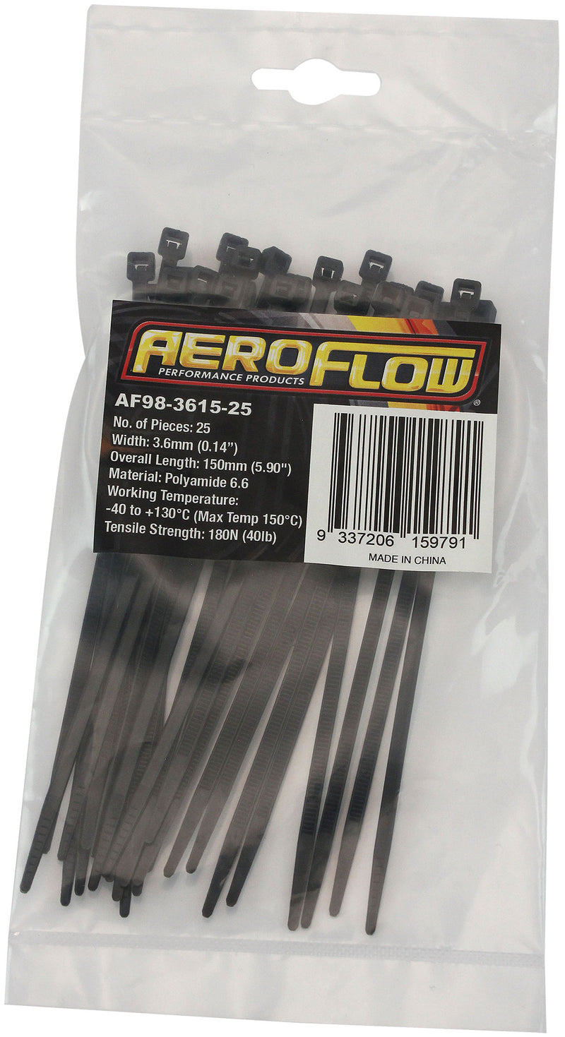 HIGH TEMP CABLE TIES 3.6x150mm25 PACK BLACK ZIP TIE PA46